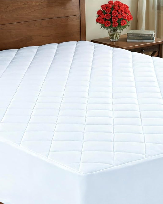 Quilted Fitted Mattress Pad King Size - Elastic Fitted Mattress Topper Protector & Cover - Breathable, Soft, Low Profile Top Cover with 8-16 Inch Deep Pockets - Easy-Fit and Machine Washable - White