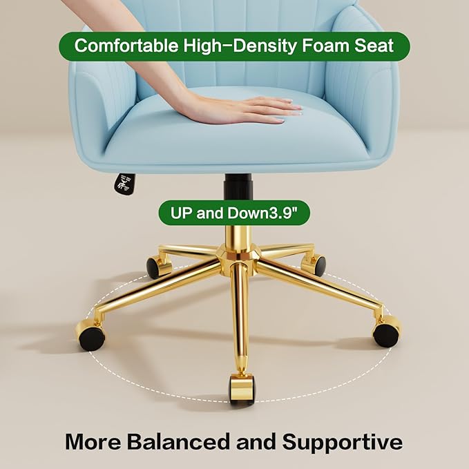 Home Office Desk Chair Comfy with Adjustable Swivel Wheels, Modern Velvet Makeup Vanity Chair with Back & Pillow, Ergonomic Office Chair Computer Task Chair for Living Room, Bedroom, Blue