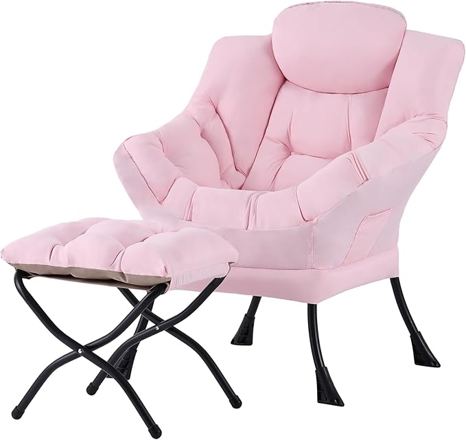 Tiita Lazy Chair with Ottoman, Modern Large Accent Lounge Armchair, Comfy Leisure Sofa Reading Chair with Footrest for Bedroom, Living Room, Dorm Rooms, Garden and Courtyard, Pink