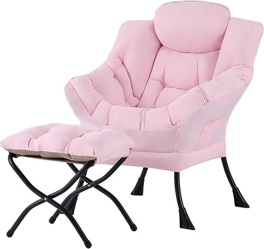 Tiita Lazy Chair with Ottoman, Modern Large Accent Lounge Armchair, Comfy Leisure Sofa Reading Chair with Footrest for Bedroom, Living Room, Dorm Rooms, Garden and Courtyard, Pink