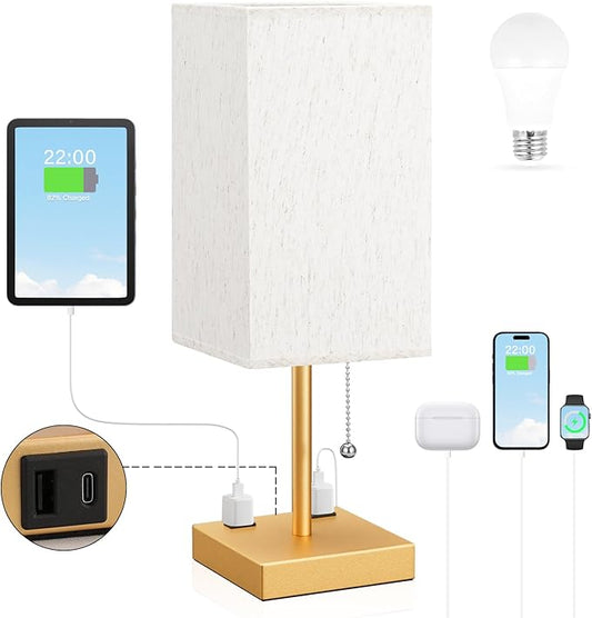 aooshine Medium Table Lamp with USB Ports - 3 Color Temperature Bedside Lamp for Bedroom, Pull Chain Control, USB A and C Ports, 2 AC Outlets, Bulb Included