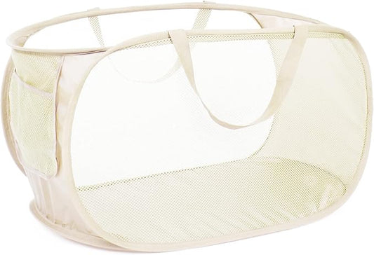 Durable Collapsible Laundry Baskets, Mesh Pop Up Laundry Hamper with Side Pocket, Foldable Clothes Storage Hamper with Reinforced Carry Handles for Laundry, Bathroom, Kids Room, Dorm or Travel Beige