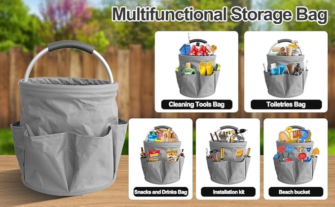 Bucket 17L Cleaning Organizer with Handle with 6 Pockets Foldable Storage Blue Portable Cleaning Bucket Bag Shower Box Home Garden Multifunctional Camping Storage Basket