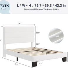 Allewie Twin Size Platform Bed Frame with Velvet Upholstered Headboard and Wooden Slats Support, Fully Upholstered Mattress Foundation/No Box Spring Needed/Easy Assembly, White