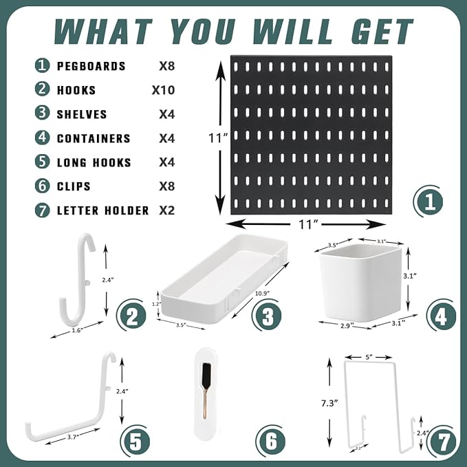 Pegboard Combination Kit, Wall Mounted Storage Set with 8 Pegboards & 28 Accessories Hanging, Peg Boards Organizer for Walls Display, Crafts Organization, Kitchen Organizer, 22" x 44" Black