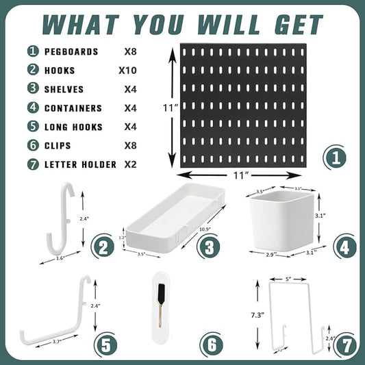 Pegboard Combination Kit, Wall Mounted Storage Set with 8 Pegboards & 28 Accessories Hanging, Peg Boards Organizer for Walls Display, Crafts Organization, Kitchen Organizer, 22" x 44" Black