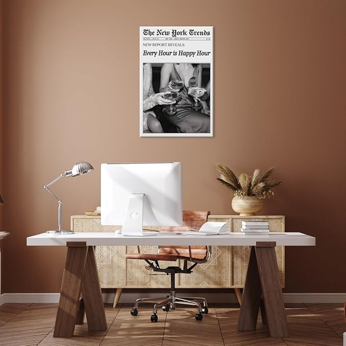 Retro New York Trends Wall Art Black and White Newspaper Poster Every Hour Is Happy Hour Canvas Prints Funky Feminist Posters Trendy Alcohol Wall Decor for Bar Cart Hot Girl Dorm Room Decorative 16x24inch Framed
