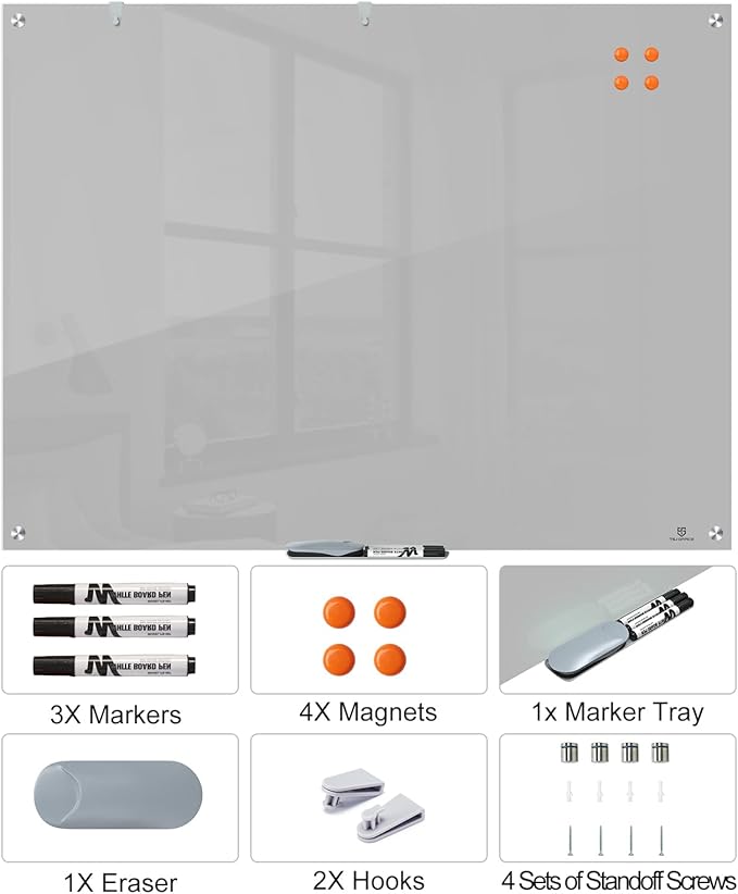 TSJ OFFICE Glass Dry-Erase Board - 48 x 32 Inches Wall Mounted Glass Whiteboard, Large Frameless Magnetic White Board for Office, Home & School, Gray