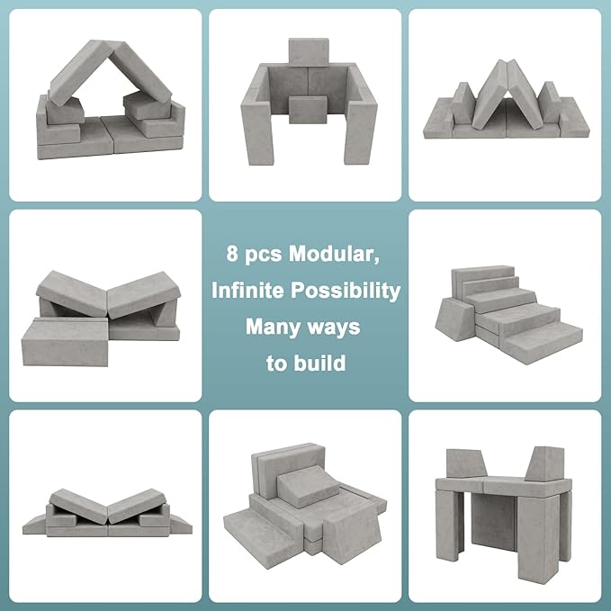 Play Couch Comfy Modular Sofa Futon Set, Convertible Folding Memory Foam Couches Versatile Floor Cushion Fort Set for Living Room Playroom Furniture (Grey)