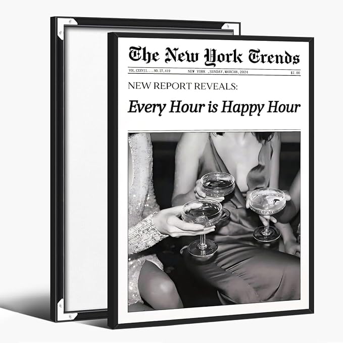 Retro New York Trends Wall Art Black and White Newspaper Poster Every Hour Is Happy Hour Canvas Prints Funky Feminist Posters Trendy Alcohol Wall Decor for Bar Cart Hot Girl Dorm Room Decorative 16x24inch black framed
