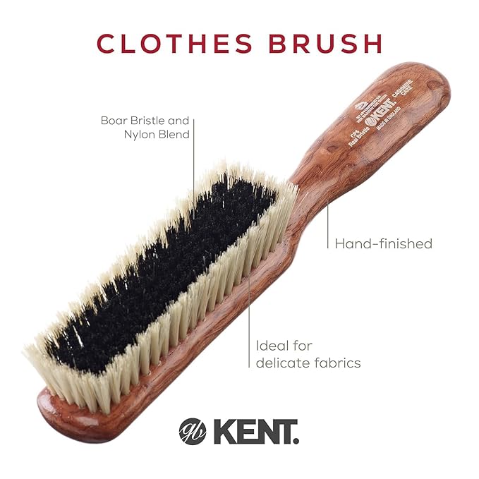 Kent CP6 Clothes Brush. 100% Natural Black & White Boar Bristle Lint Remover Especially for Cashmere, Wool and Silk for Keeping Delicate Fabrics Free from Fibres, Fluff and Pet Hair. Made in England