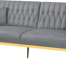 70” Velvet Futon Sofa Bed with 2 Pillows and Adjustable Armrests, Convertible Sleeper Bed W/Adjustable Backrests, Modern Loveseat for Living Room, Bedroom, Light Grey