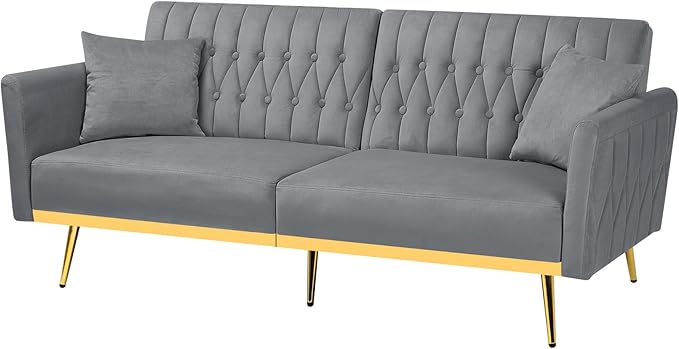 70” Velvet Futon Sofa Bed with 2 Pillows and Adjustable Armrests, Convertible Sleeper Bed W/Adjustable Backrests, Modern Loveseat for Living Room, Bedroom, Light Grey