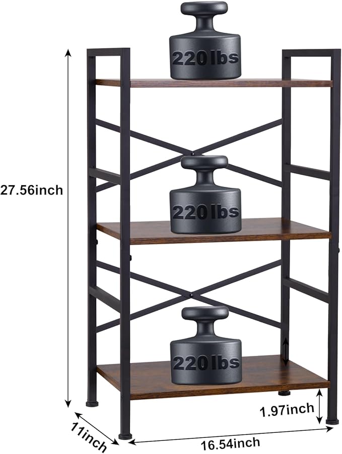 3-Tier Small Bookshelf, Industrial Metal & MDF Bookcase, X-Brace Stable Shelving for Small Spaces, Adjustable Feet, Easy Assembly, 27.6" H x 16.5" W x 11" D (Black)