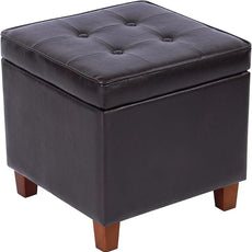 HomePop Leatherette Tufted Square Storage Ottoman with Hinged Lid, Brown Small
