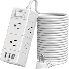 20Ft Extension Cord Flat Plug Power Strip - Tcstei 3-Side Outlet Extender with 6 AC Outlets and 3 USB Ports (1 USB C), Compact for Home, Office, Dorm Room Essentials, White