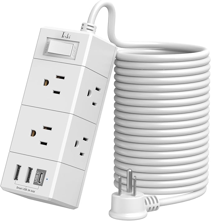 20Ft Extension Cord Flat Plug Power Strip - Tcstei 3-Side Outlet Extender with 6 AC Outlets and 3 USB Ports (1 USB C), Compact for Home, Office, Dorm Room Essentials, White
