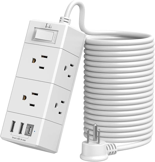 20Ft Extension Cord Flat Plug Power Strip - Tcstei 3-Side Outlet Extender with 6 AC Outlets and 3 USB Ports (1 USB C), Compact for Home, Office, Dorm Room Essentials, White