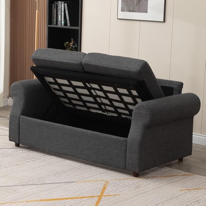 Panana Modern 2 and 3 Seats Loveseat Sofa Couch with Storage, Small Love Seat Couches for Living Room, Bedroom, Apartment, Office (Light Gray Linen Fabric, Scroll Arm - 3 Seater)