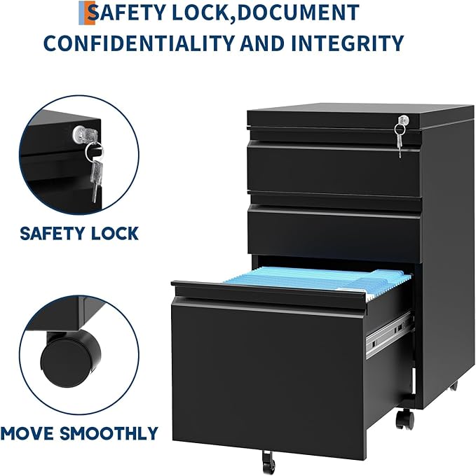 Three-Drawer Filing Cabinet Lockable Under-Desk Side Storage Cabinet Caster-Equipped Filing Cabinet Fits Legal/A4 Paper Sizes Adjustable Shelves Ideal for Office/Home Workspaces - Jet Black