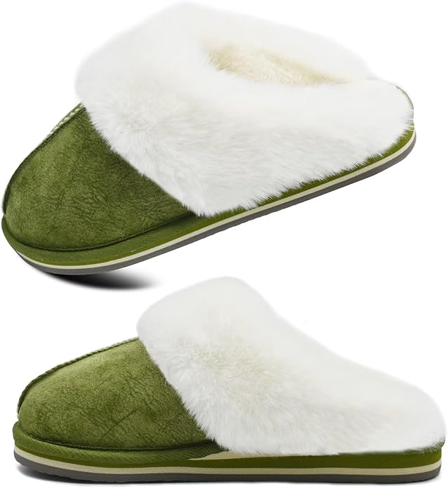 KuaiLu Womens Fluff Dual Memory Foam Slippers Ladies Cozy Arch Support Warm Scuff Slippers Slip on Comfy Winter House Shoes with Non-Slip Indoor Outdoor Hard Sole