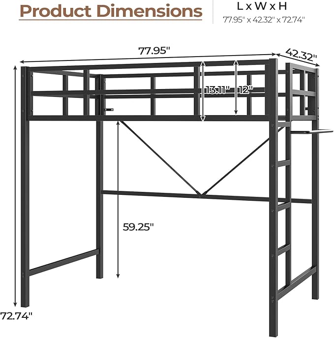 DICTAC Loft Bed Twin Size with Ladder and Guardrail,Metal Twin Loft Bed with Led Lights,Small Space Saving Furniture Design for Bedroom,Kid Room and Dorm,No Box Spring Needed, Black