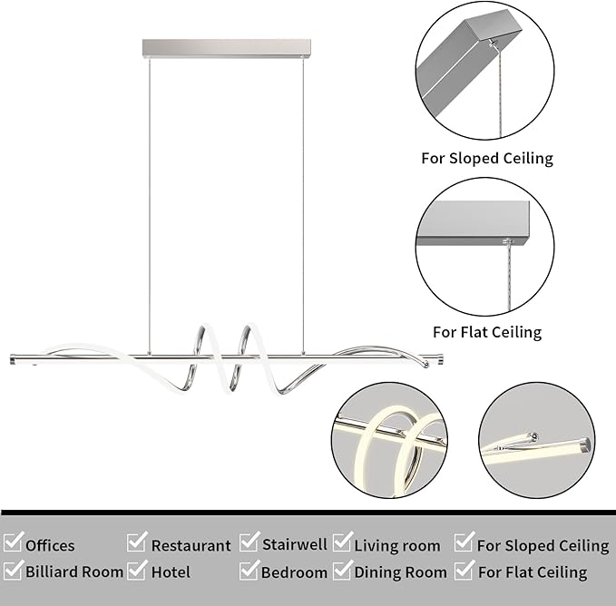 Modern Pendant Light Kitchen Island 39in Dimmable Hanging Lamp 3000k-6000K Adjustable Warm/Nautral/White with Remote Control, Kitchen Island Lighting Chrome Silver