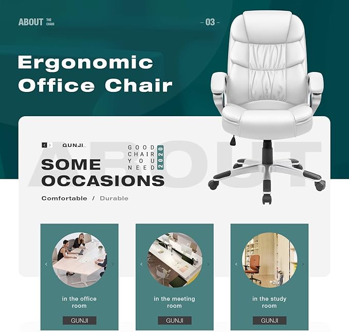 GUNJI Office Chair PU Leather High Back Executive Chair Ergonomic Computer Chair, Modern Adjustable Home Desk Chair Swivel Managerial Chair with Padded Armrests and Lumbar Support (White)