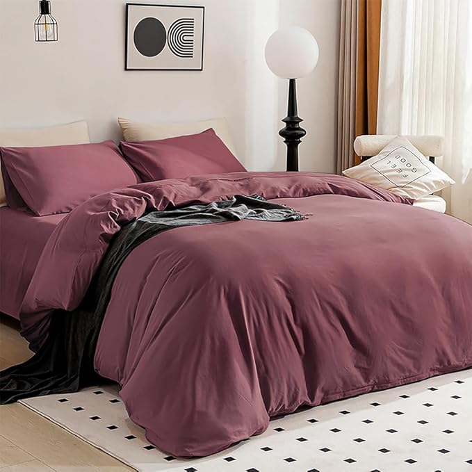 JELLYMONI Plum Duvet Cover Full Size - 100% Washed Cotton Linen Like Textured Comforter Cover, 3 Pieces Breathable Soft Bedding Set with Zipper Closure (Plum, 80"x90")