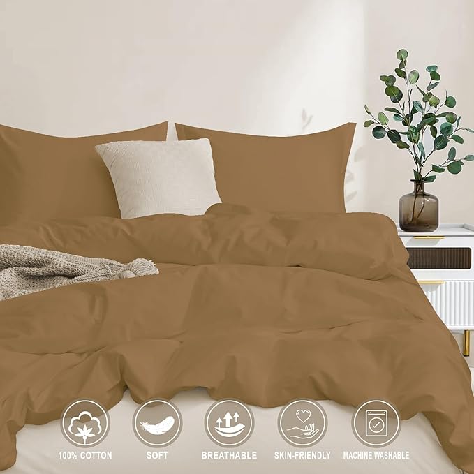 100-Percent Cotton Duvet Cover Set, Hidden Zipper Closure, Ultra Soft, Easy Care and Durable, Simple Bedding Style, Queen, Light Brown (Comforter Not Included)