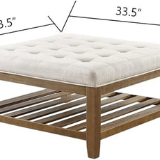 24KF Large Square Upholstered Tufted Linen Ottoman Coffee Table, Large Footrest Ottoman with Solid Wood Shelf-Ivory