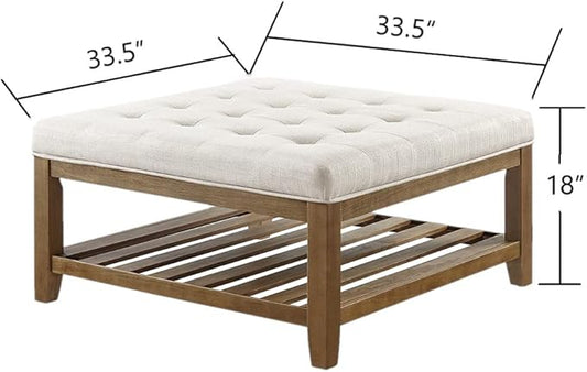 24KF Large Square Upholstered Tufted Linen Ottoman Coffee Table, Large Footrest Ottoman with Solid Wood Shelf-Ivory