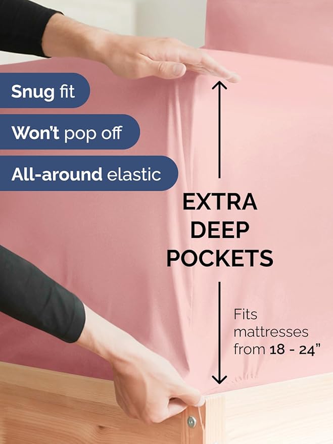 Extra Deep Pocket Twin Sheets - 3 Piece Breathable & Cooling Bed Sheets - Hotel Luxury Bed Sheet Set - Soft, Wrinkle Free & Comfy - Easily Fits Extra Deep Mattresses - Deep Pocket Baby Pink Sheets Set