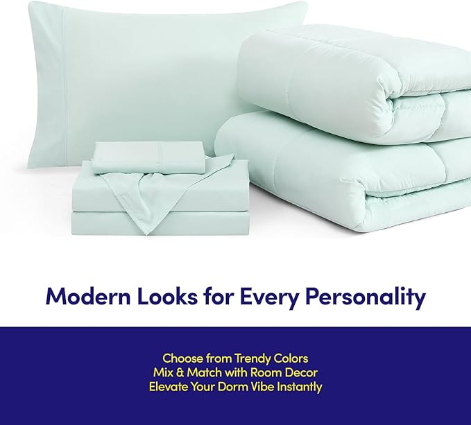 Dorm Room Essentials College Bedding Comforter Set 5 Piece Twin Size Bed in a Bag for College Students Boys and Girls, Twin, Mint