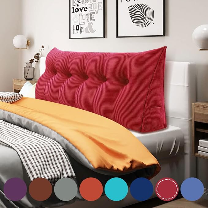 WOWMAX 100% Cotton Corduroy Headboard Pillow – Queen Size Back Support Reading Wedge for Bed & Daybed, Plush Handmade Bolster Cushion with Removable Cover, Cozy Bed Rest Pillow, Red
