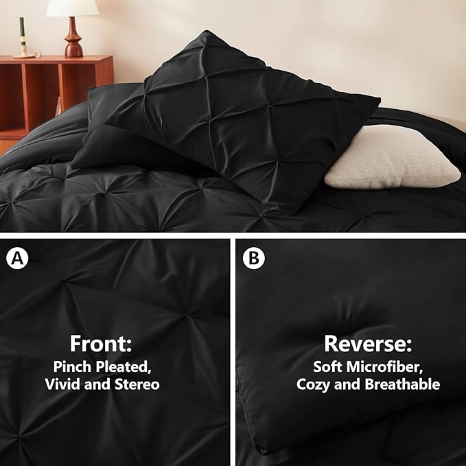 CozyLux California King Comforter Set Black - 7 Pieces Cal King Pintuck Bed in A Bag Gift for Family, Pinch Pleat Bedding Sets with All Season Comforter, Sheets, Pillowcases & Shams