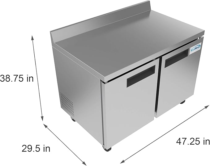 KoolMore 48" Stainless Steel 2 Door Worktop Commercial Freezer with 3 1/2 Backsplash - 12 cu.ft