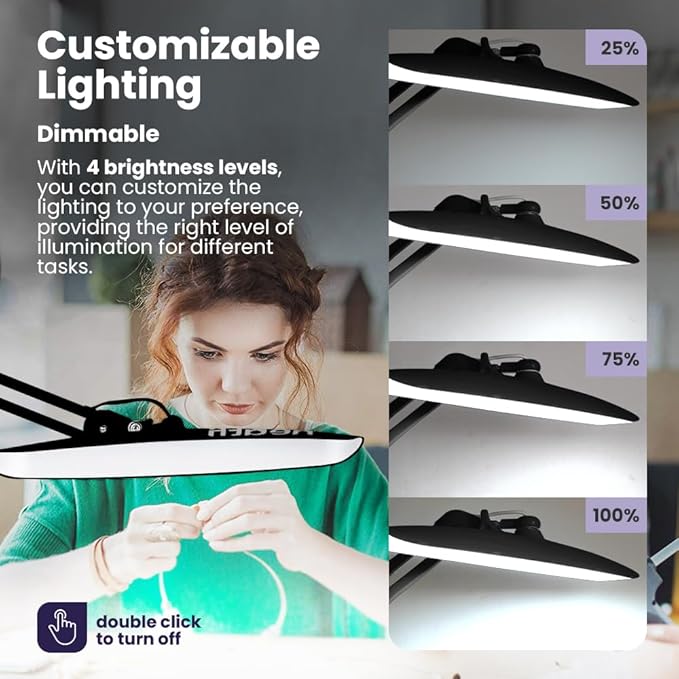 Neatfi XL 2,200 Lumens LED Desk Lamp with Clamp, 24W Bright Architect Task Lamp, 20 Inches Dimmable Computer Light, Adjustable Desk Light for Home, Office, Crafts, Nails & Hobbies (Non-CCT, Black)