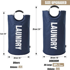 DOKEHOM 90L Large Laundry Basket, Collapsible Laundry Bag, Freestanding Tall Clothes Hamper, Foldable Washing Bin (Dark Blue)