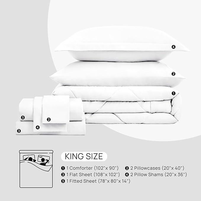 Love's cabin King Size Comforter Set White, 7 Pieces King Bed in a Bag, All Season Bedding Sets with 1 Comforter, 1 Flat Sheet, 1 Fitted Sheet, 2 Pillowcase and 2 Pillow Sham