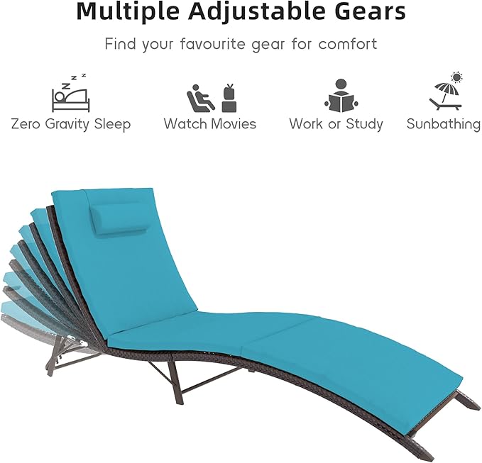Patio Chaise Lounge Set 3 Pieces Pool Lounge Chairs,Cushioned Outdoor Folding Lounge Chair w/Rattan Adjustable Backrest for Poolside Porch,Folding Table Included,Turquoise Blue