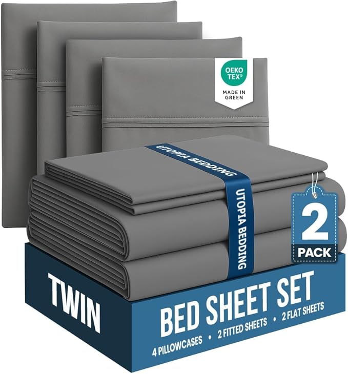 Utopia Bedding Twin Bed Sheets Set - Pack of 2 Sheet Sets - Perfect for Spa, Hotel, & Guest Bedroom - Brushed Microfiber - Shrinkage and Fade Resistant - Easy Care (Grey)