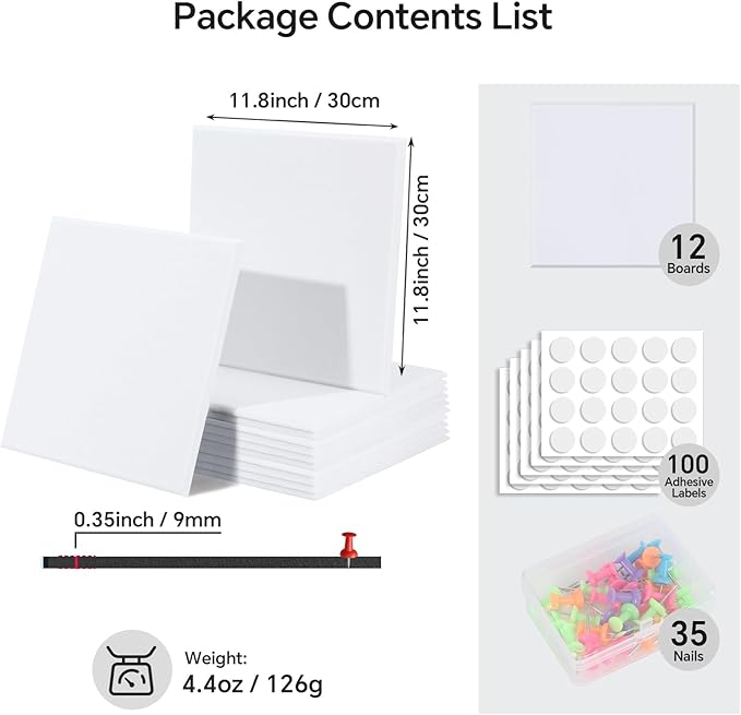 12-Piece White Felt Wall Panels 48×36", Damage-Free Bulletin Board Set with 100 Adhesive Pads & 35 Pushpins, Cork Board Alternative for Home Office Classroom