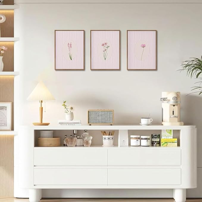 KISSFOX 3 Piece Floral Framed Wall Art Pink Wildflower Canvas Wall Art Flower Pictures Wall Decor Boho Botanical Paintings Poster Wall Decor For Girly Room Bedroom Apartment Dorm Living Room