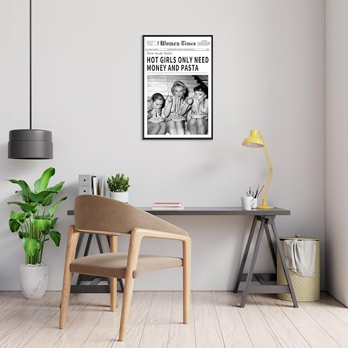 Vintage Women Times Newspaper Canvas Wall Art Black and White Aesthetic Poster Funky Hot Girl Eating Pasta Fashion Prints for Italian Kitchen Bar Cart Girly Dorm Room Art Posters 24x36inch black framed