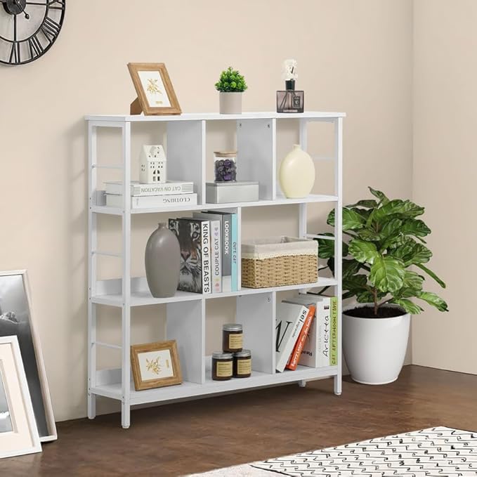 CAPHAUS 8 Cube Storage Organizer, 40” Wide 3 Tier White Industrial Open Shelf Bookcase, Display Shelf, Horizontal Bookshelf with Metal Frame, Wooden Board, for Living Room, Bedroom, Office