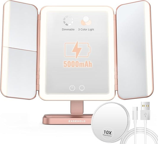 EASEHOLD Rechargable Makeup Mirror Vanity Mirror with Lights, 5000Mah & USB Cable, 112 LEDs Lighted Trifold Mirror with 1X 2X 3X 10X Magnification, Smart Touch, Portable Cosmetic Beauty Mirror
