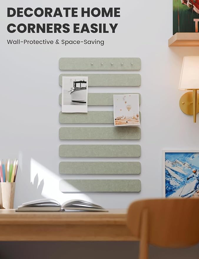 Cork Board Alternative Felt Strip Board 8-Pack 13"x2", Office Pin Board with 50 Push Pins, Adhesive Install for Bedroom Door & Home Office(Sage)