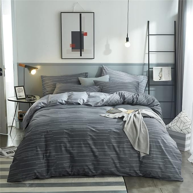 VM VOUGEMARKET 100% Natural Cotton Striped Duvet Cover Set,Gray Stripes Pattern Printed Comforter Cover for Boys Men,Reversible Modern Simple Style Bedding Set