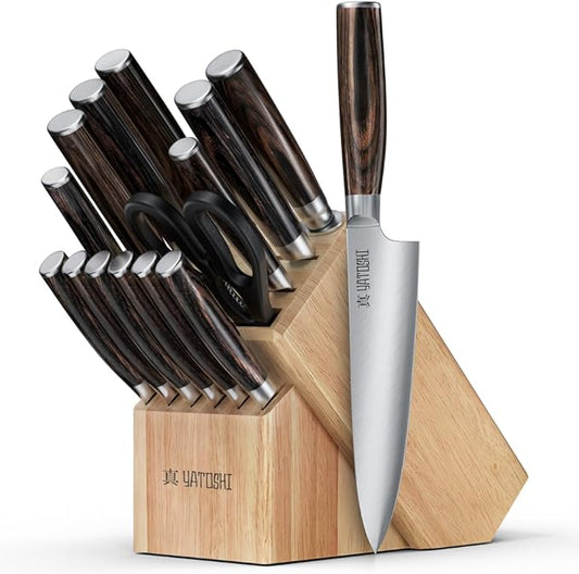 Yatoshi 15 Piece Knife Block Set - Pro Kitchen Knife Set Ultra Sharp High Carbon Stainless Steel with Ergonomic Handle